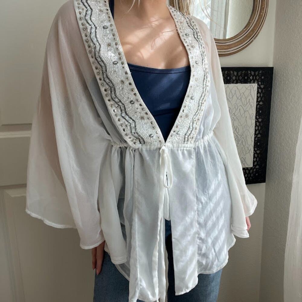 Arden B Sheer Tie Closure Beaded Tunic Cover Up Sz L